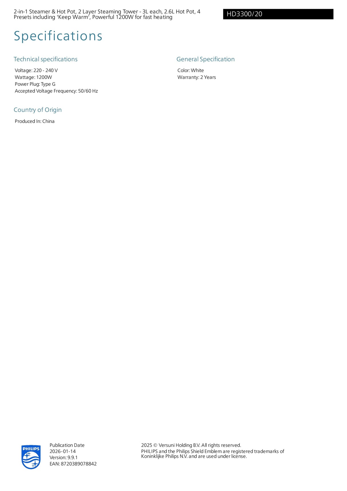 Philips HD3300/20 3000 Series Electric Steamer - 2 x 3L steamers + 2.6L hot pot