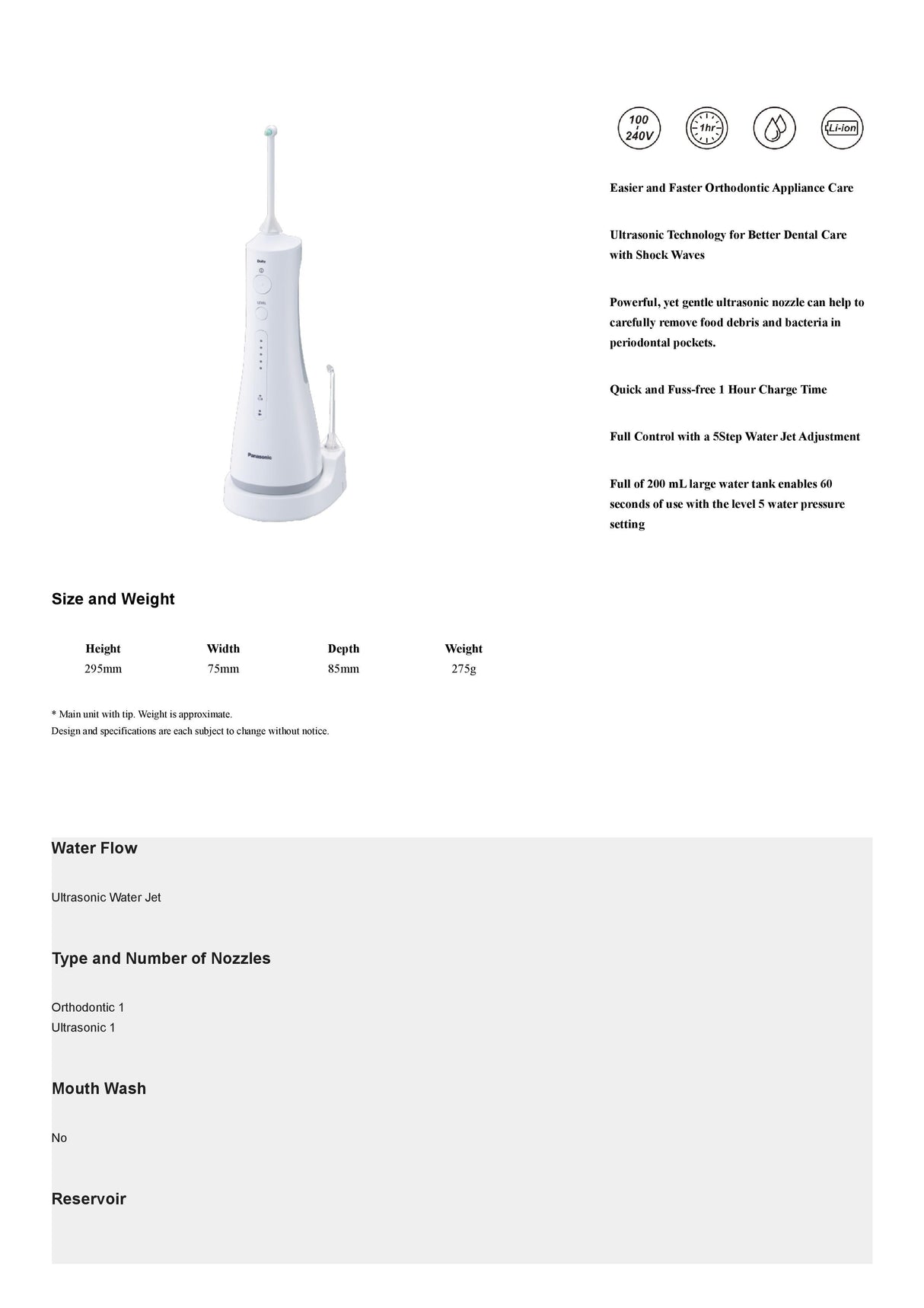 Panasonic EW1613W451 2 in 1 Oral Irrigator EW1613W451 with Orthodontic Nozzle and Ultrasonic Technology