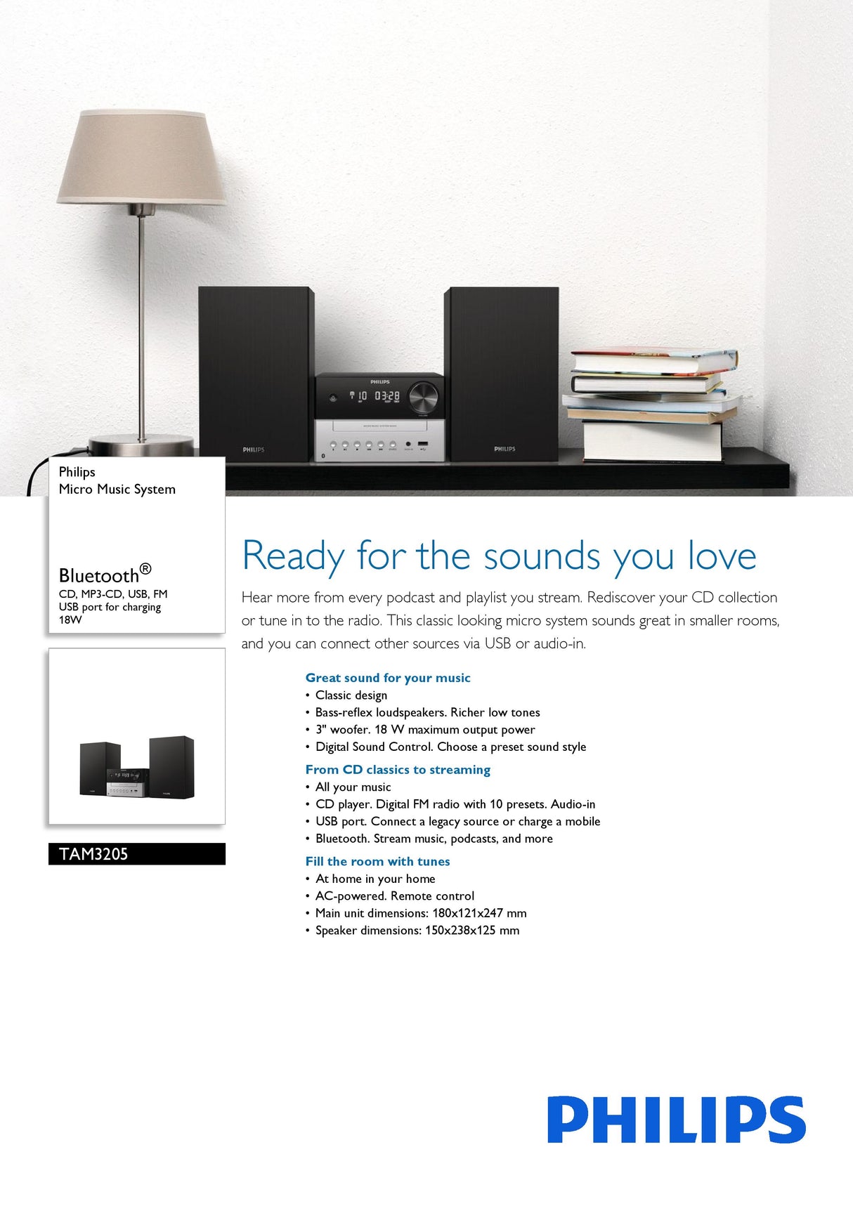 Philips TAM3205/12 Micro Music System Bluetooth, CD, MP3-CD, USB, FM, USB port for charging 18W