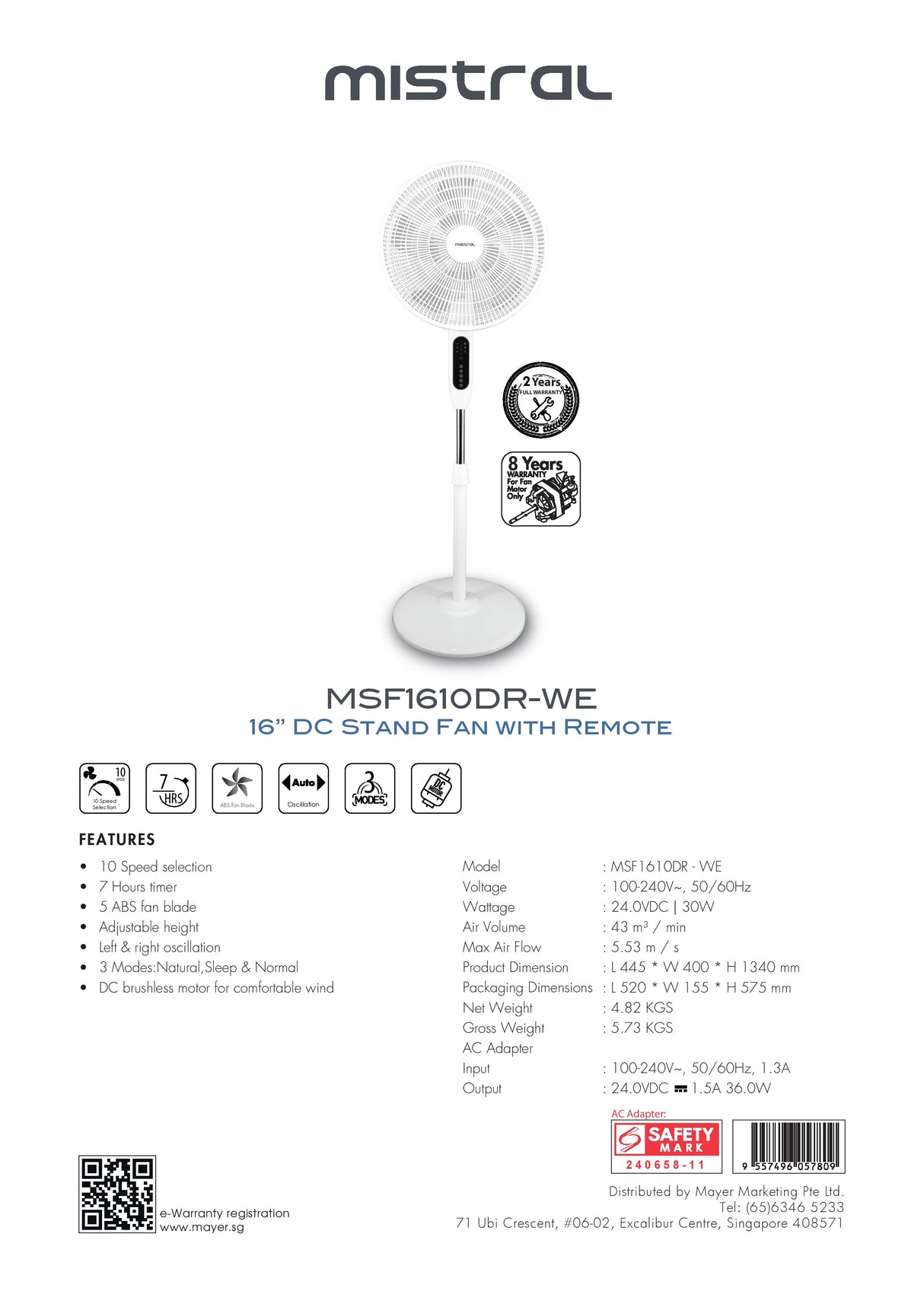 Mistral MSF1610DR DC Stand Fan with Remote 16 Inch