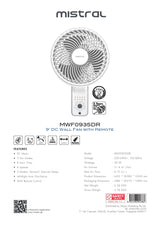 Mistral MWF0935DR Remote DC Wall Fan 9 Inch