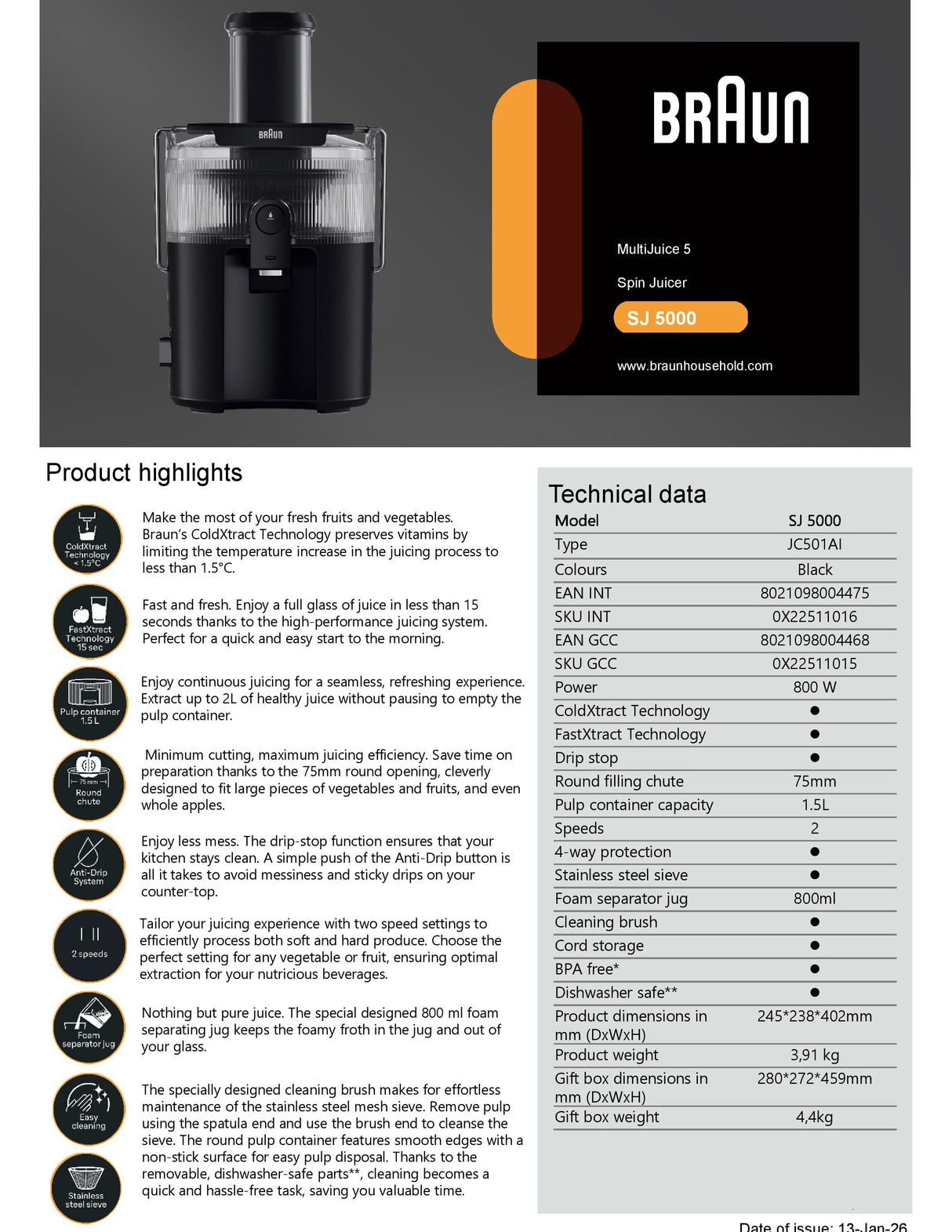 Braun SJ5000 MultiJuice 5 Spin Juicer Centrifugal juicer, ColdXtract,FastXtract, 75mm Feed Opening 800W