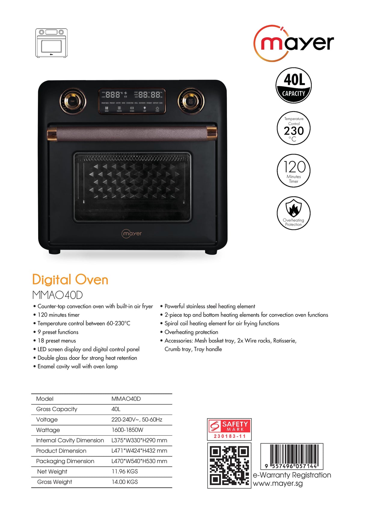 Mayer MMAO40D Digital Oven with Air Fryer Function 40L