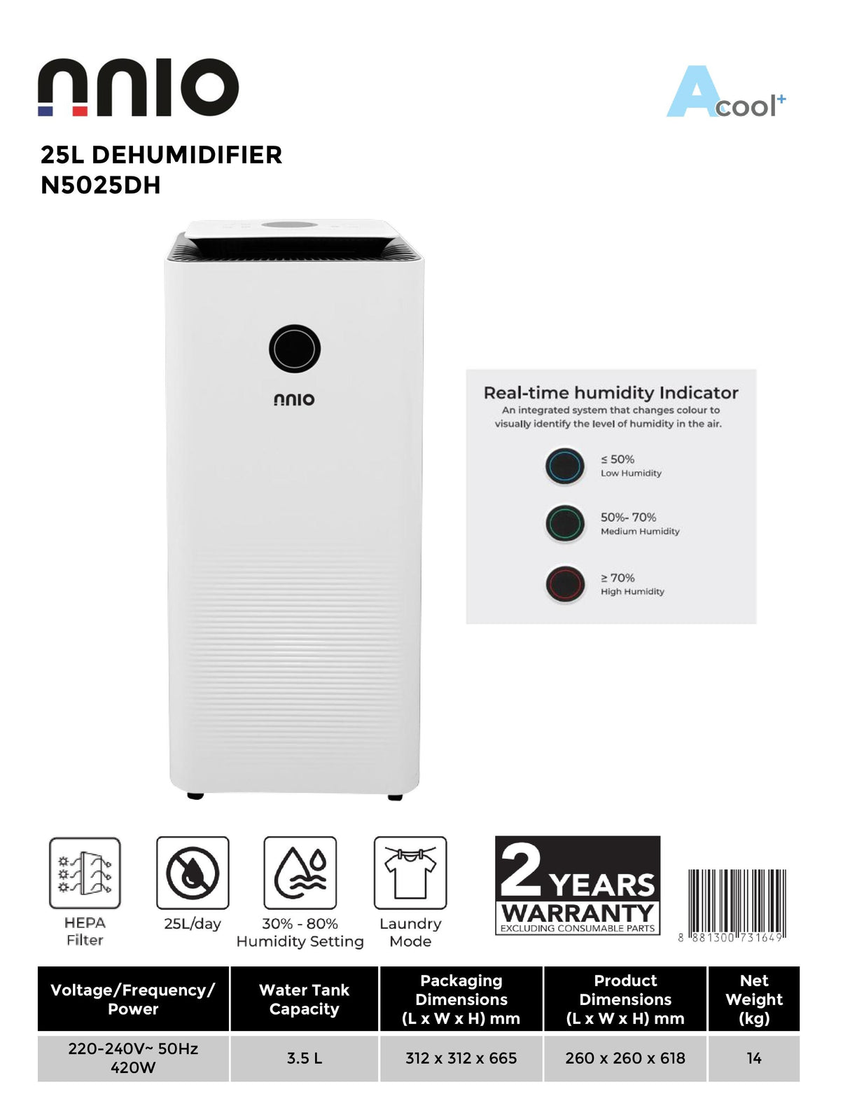 NNIO N5025DH Dehumidifier 25L