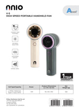 NNIO U-5 High Speed Portable Handheld Fan 6W with LED Diplay, Plastic Blade, 100 Speeds - 2 Colors Options Available