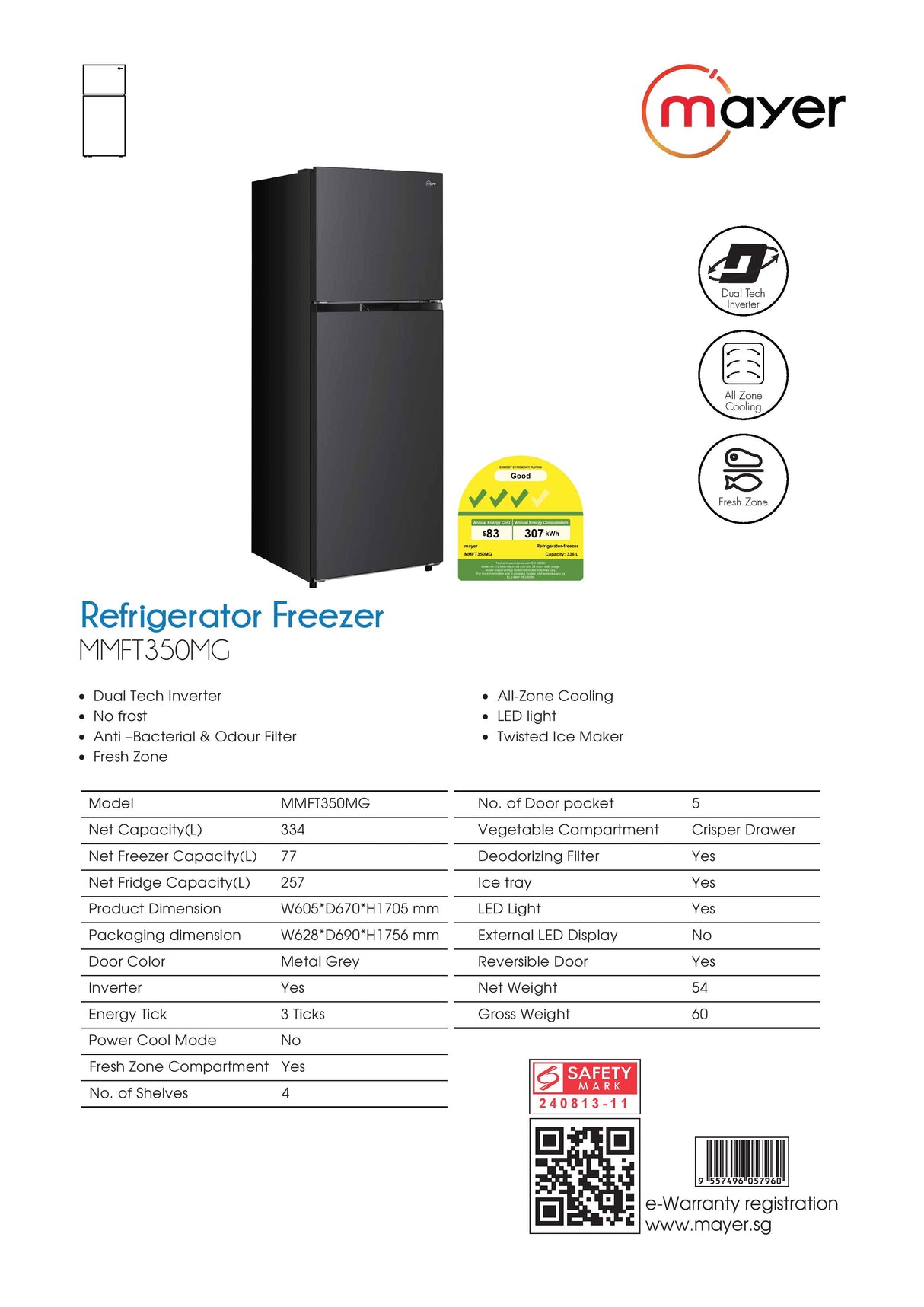 Mayer MMFT350MG Refrigerator Freezer 334L