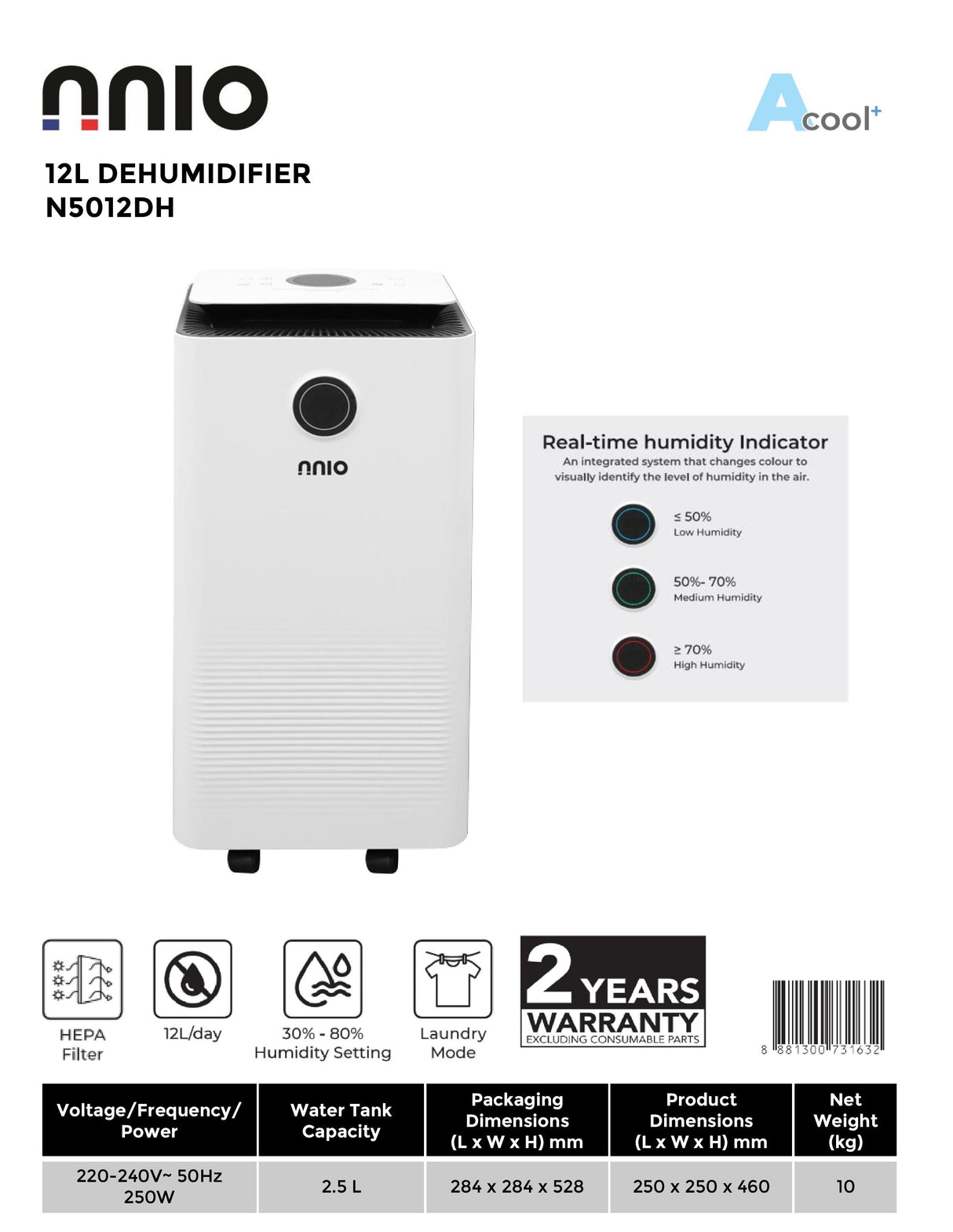 NNIO N5012DH Dehumidifier 12L