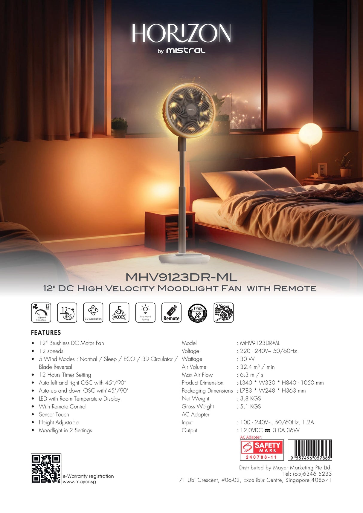 Mistral MHV9123DR-ML Remote DC High Velocity Moodlight Fan 12 Inch