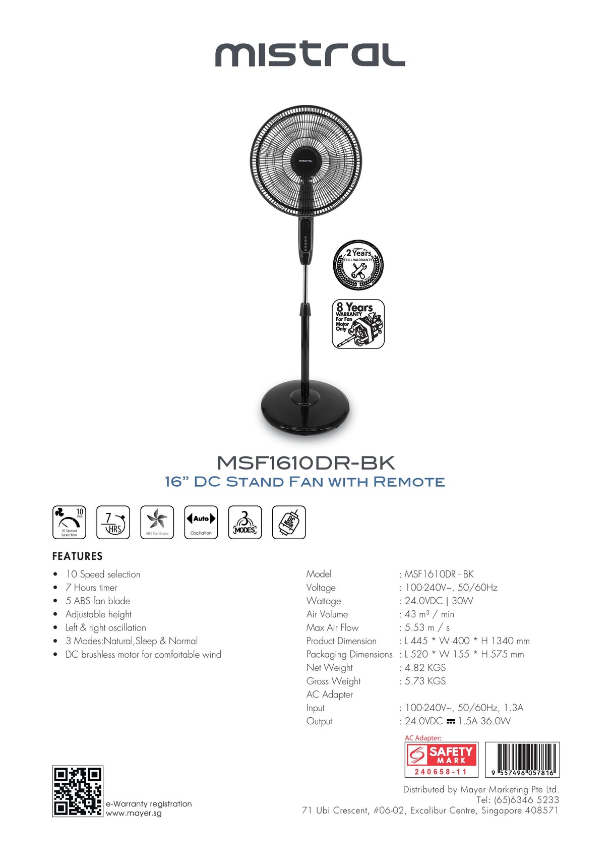 Mistral MSF1610DR DC Stand Fan with Remote 16 Inch