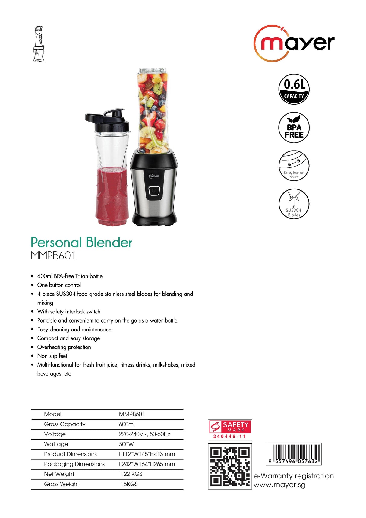 Mayer MMPB601 Personal Blender 600ml