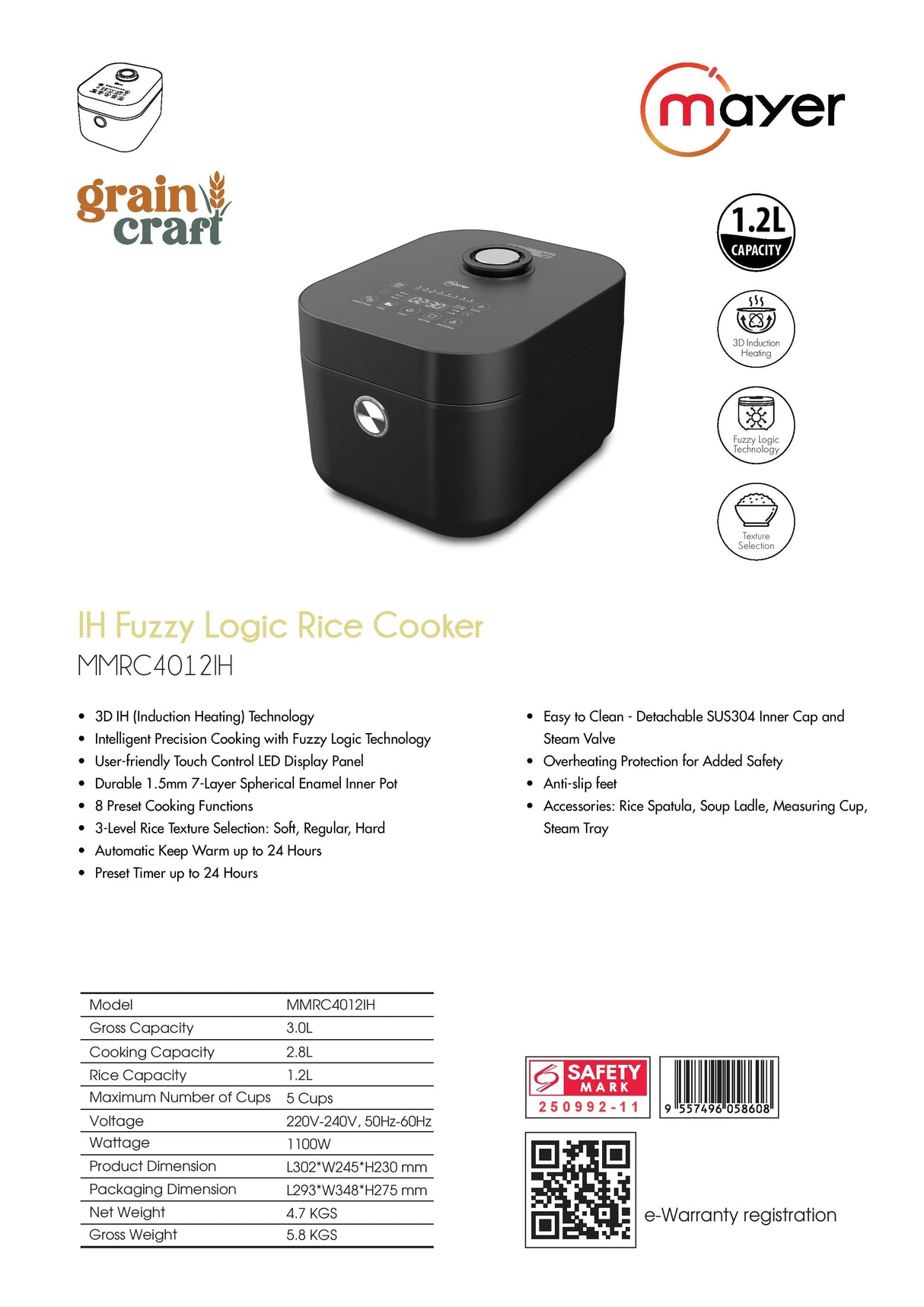 Mayer MMRC4012IH IH Fuzzy Logic Rice Cooker 1.2L
