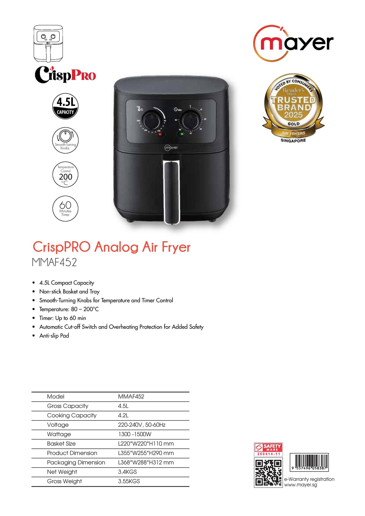 Mayer MMAF452 CrispPRO Analog Air Fryer 4.5L