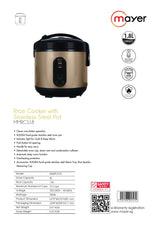 Mayer MMRCS18 Rice Cooker with Stainless Steel Pot 1.8L