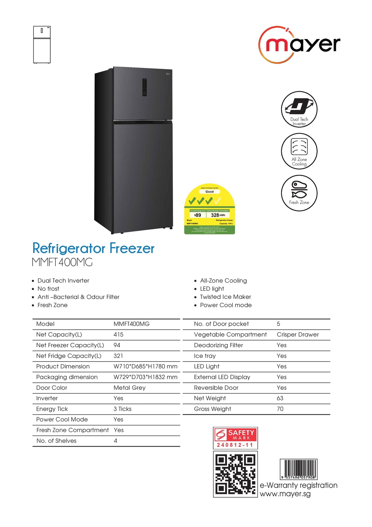 Mayer MMFT400MG Refrigerator Freezer 415L