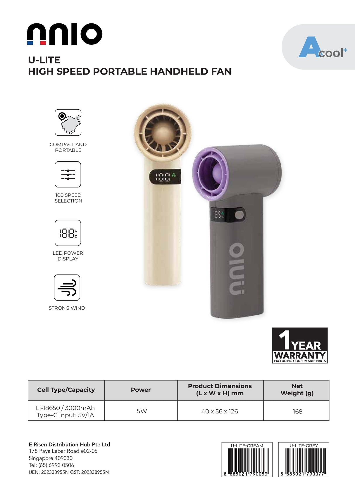 NNIO U-LITE High Speed Portable Handheld Fan 5W | Pocket Size | Easy to carry - 2 Colors Options Available