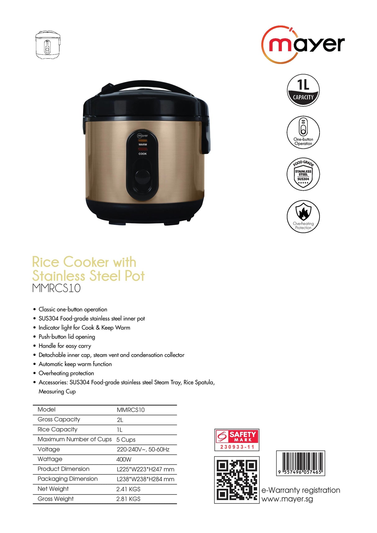 Mayer MMRCS10 Rice Cooker with Stainless Steel Pot 1L