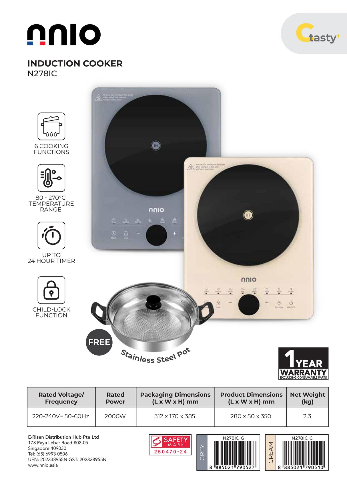 NNIO N278IC Induction Cooker with Free Stainless Steel Pot 2000W - 2 Colors Available