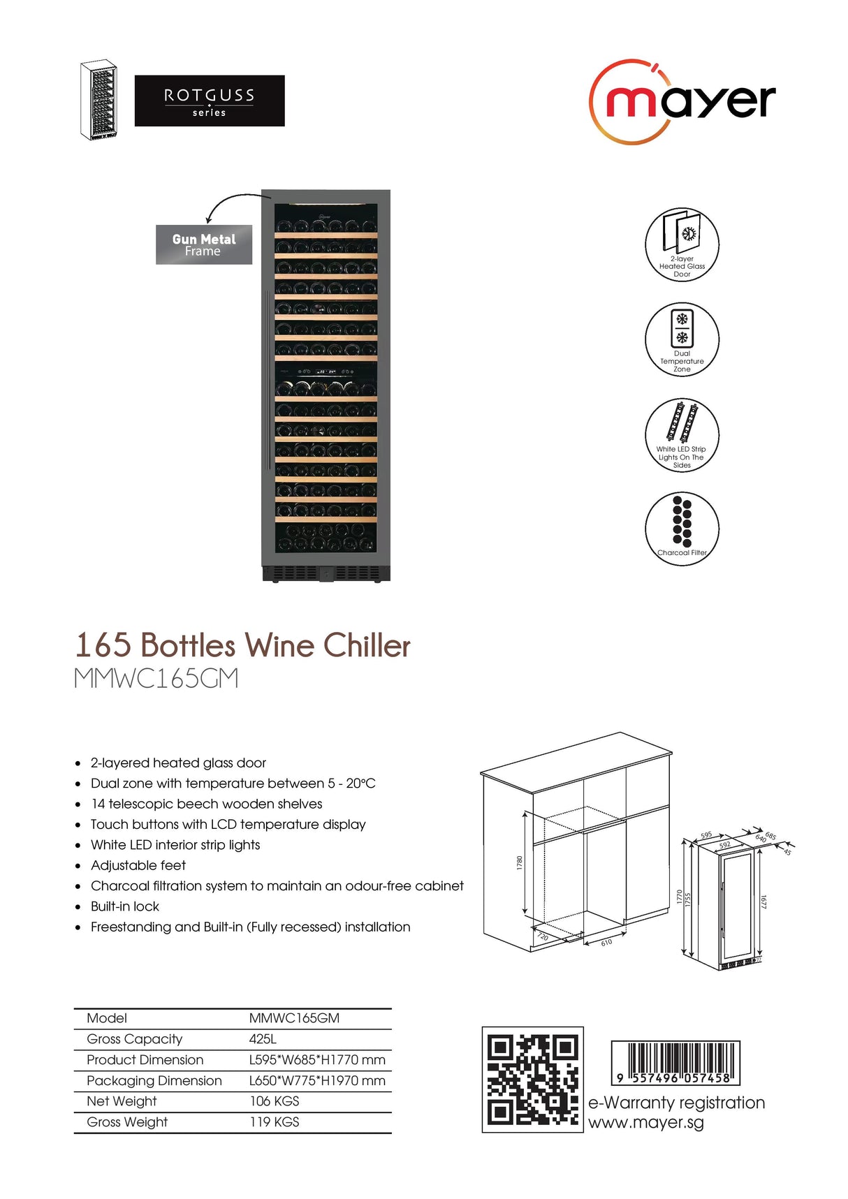 Mayer MMWC165GM Wine Chiller 165 Bottles