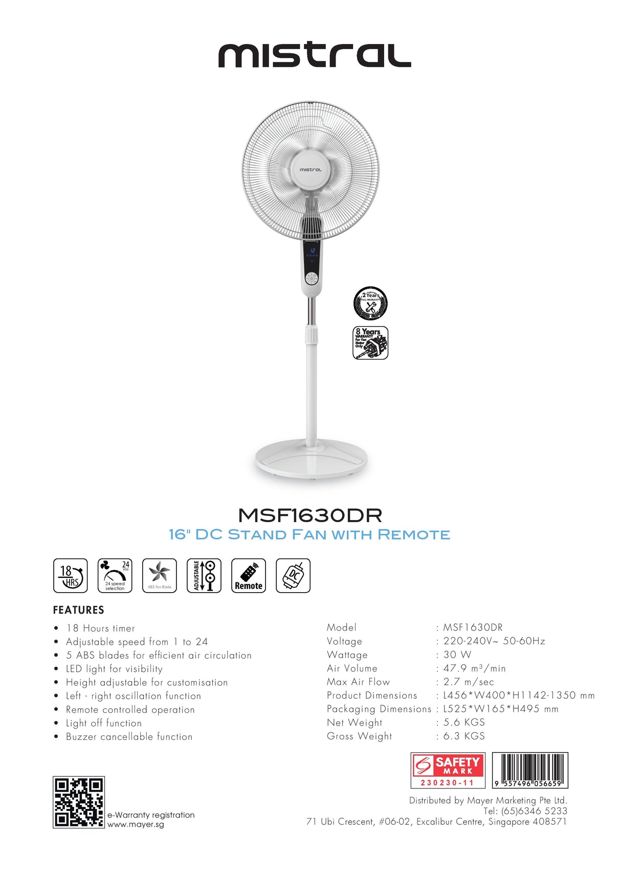 Mistral MSF1630DR DC Stand Fan with Remote 16 Inch