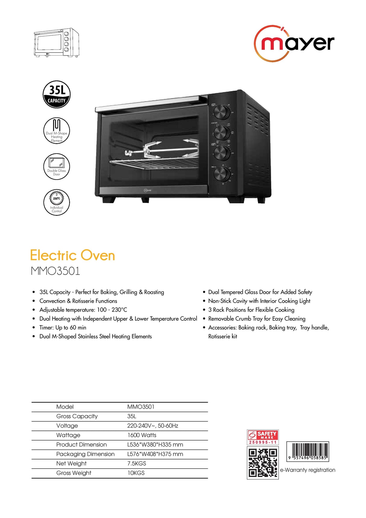 Mayer MMO3501 Electric Oven - Dual M-Shape Heating Element, Double Glass Door, Individual Control - 35L