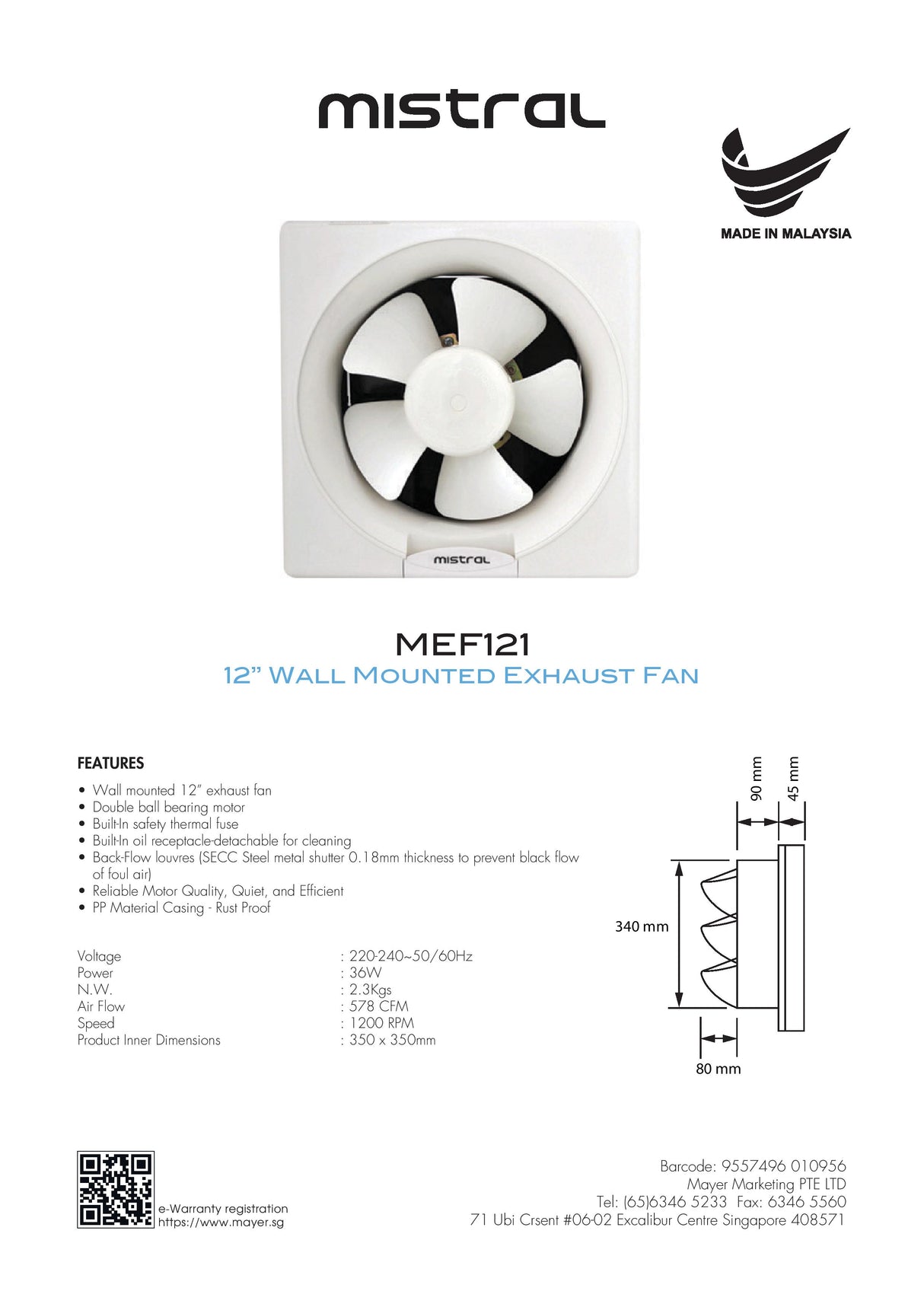 Mistral MEF121 Wall Mounted Exhaust Fan 12 Inch