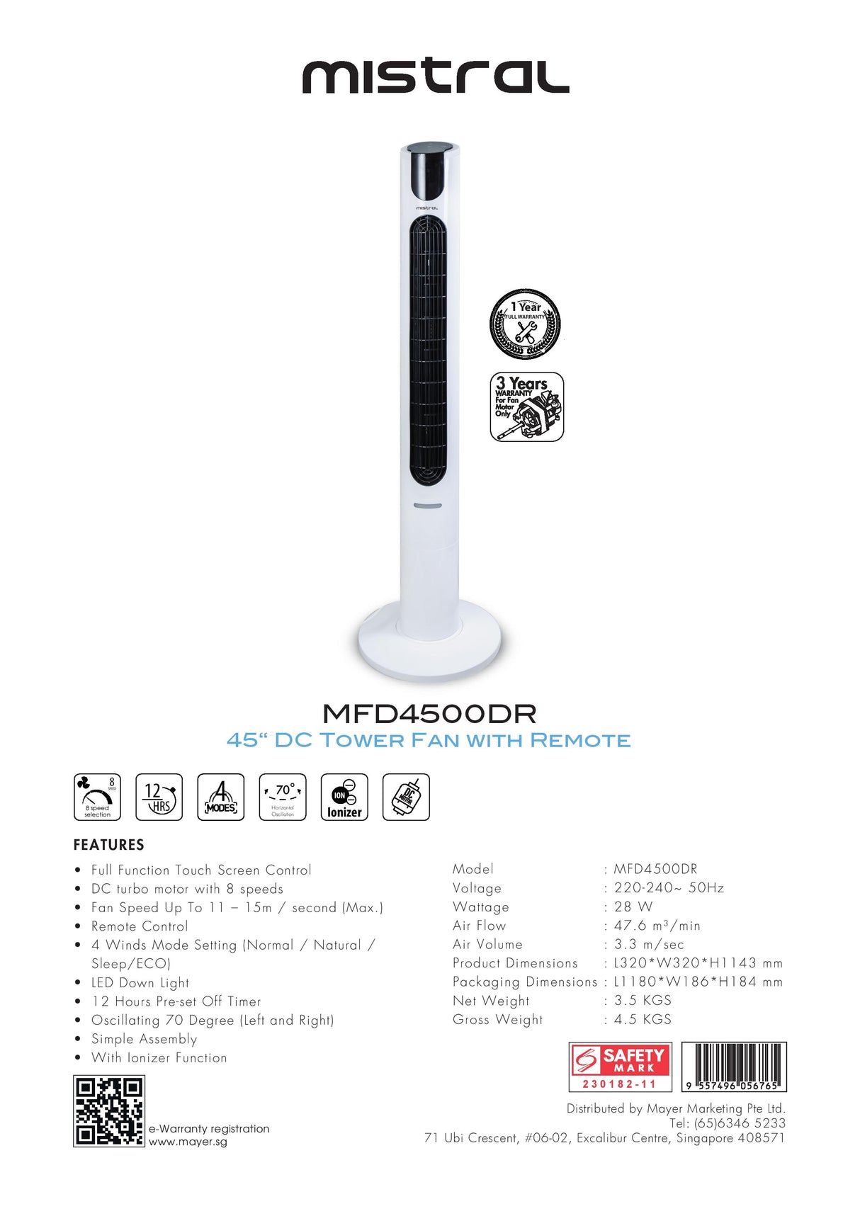 Mistral MFD4500DR DC Tower Fan with Remote 45 Inch