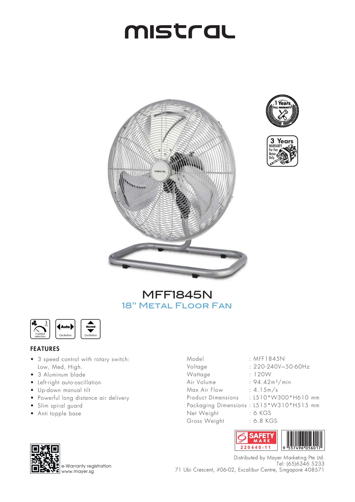 Mistral MFF1845N Metal Floor Fan 18 Inch