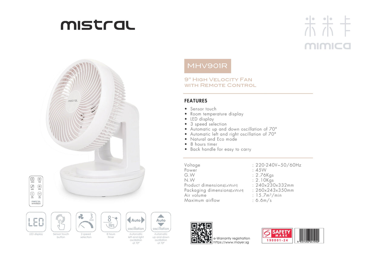 Mistral MHV901R MIMICA High Velocity Fan with Remote Control 9 Inch