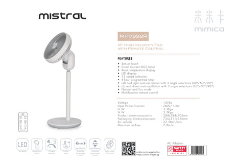 Mistral MHV998R DC High Velocity Fan with Remote Control 10 Inch