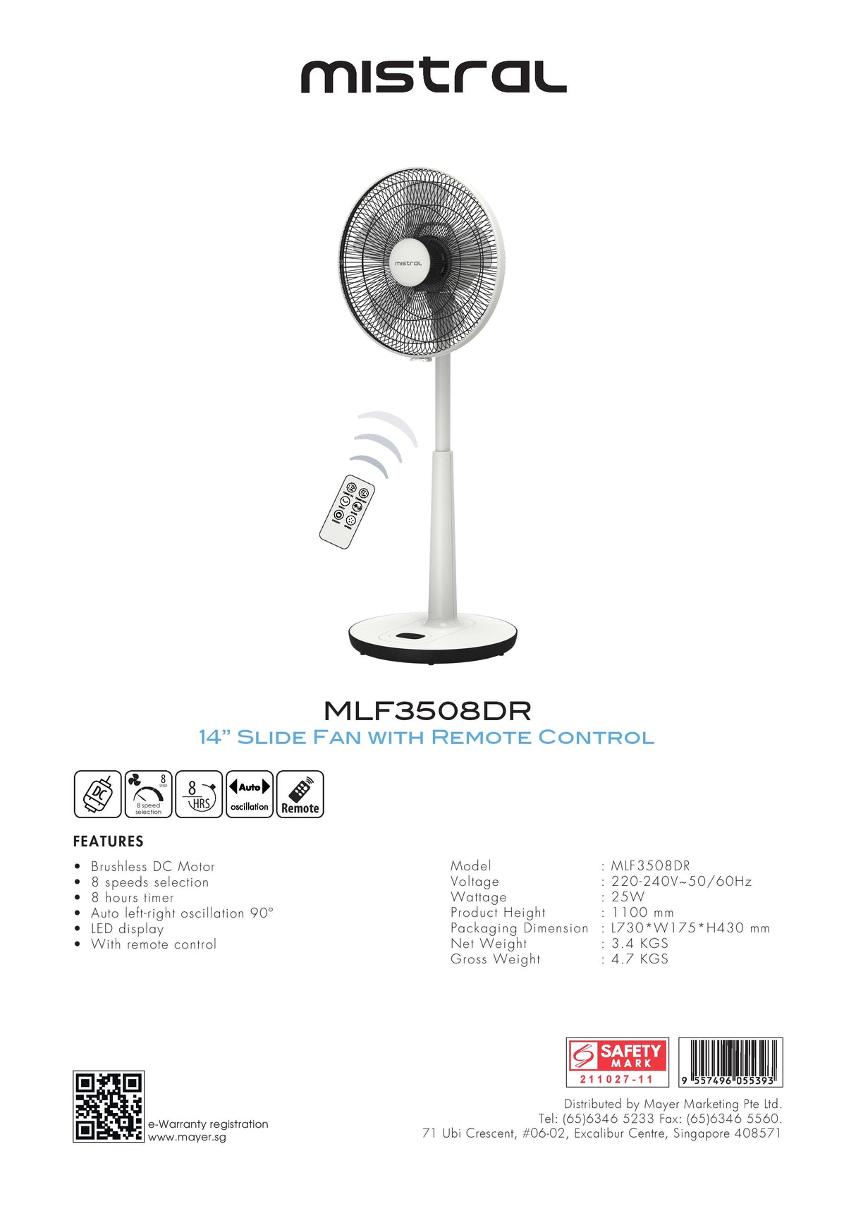 Mistral MLF3508DR DC Motor Slide Fan W/Remote 14 Inch