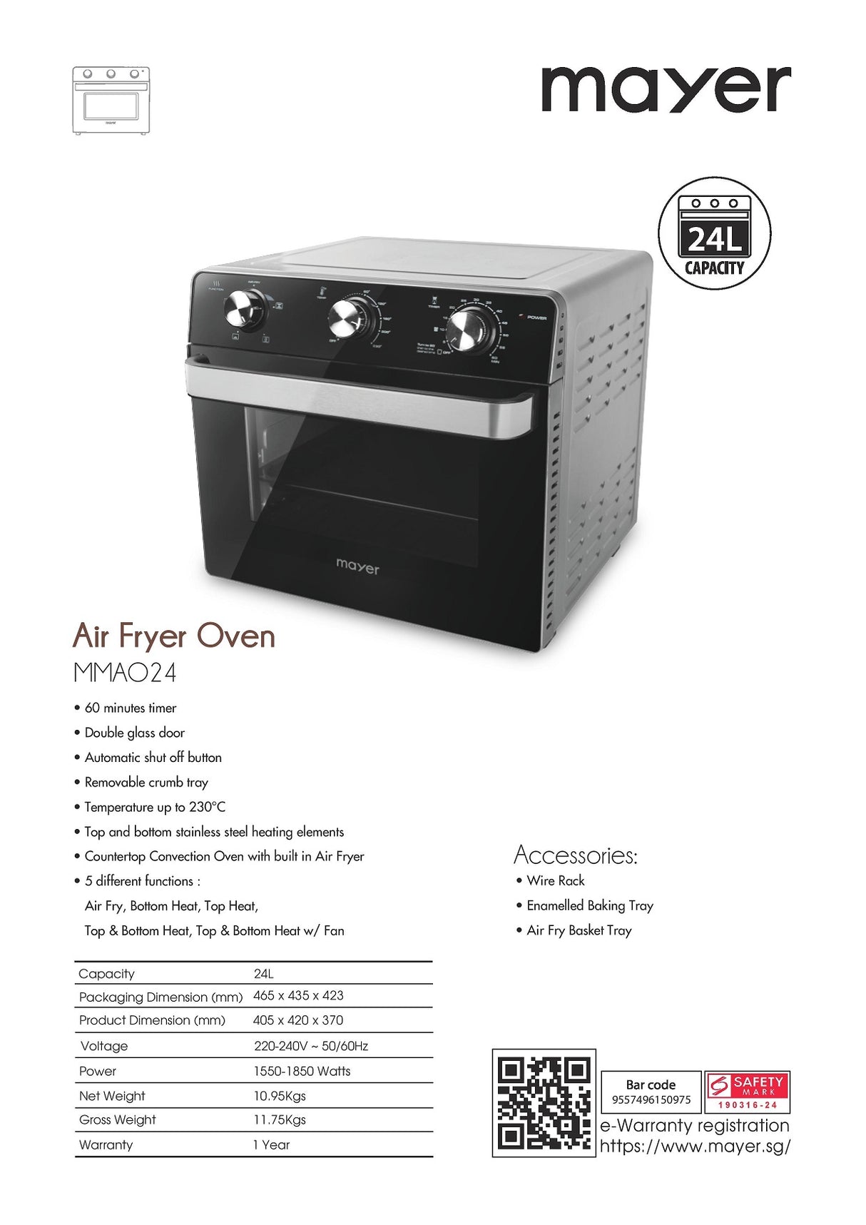 Mayer MMAO24 Air Fryer Oven 24L