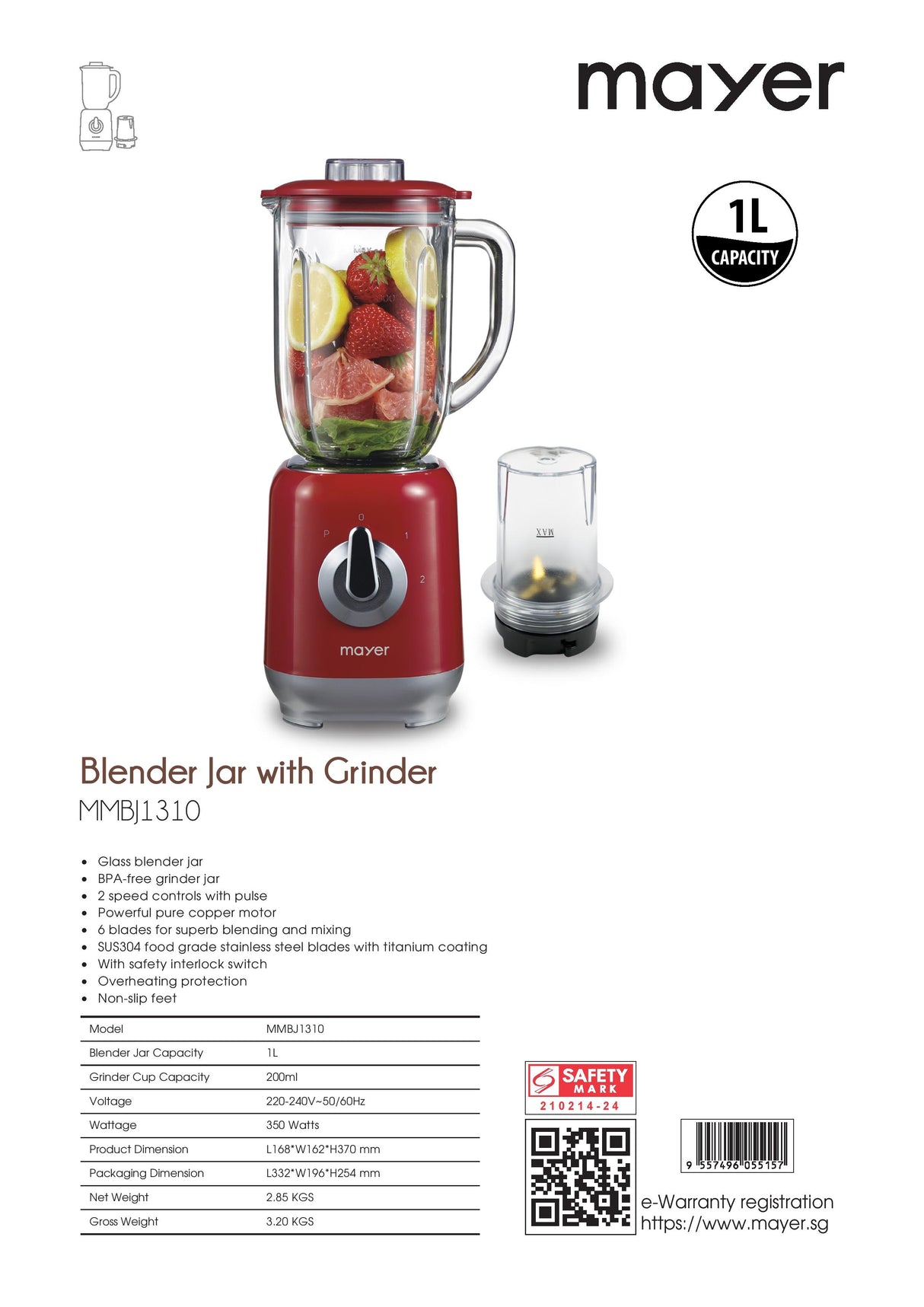 Mayer MMBJ1310 Blender Jar with Grinder 1L