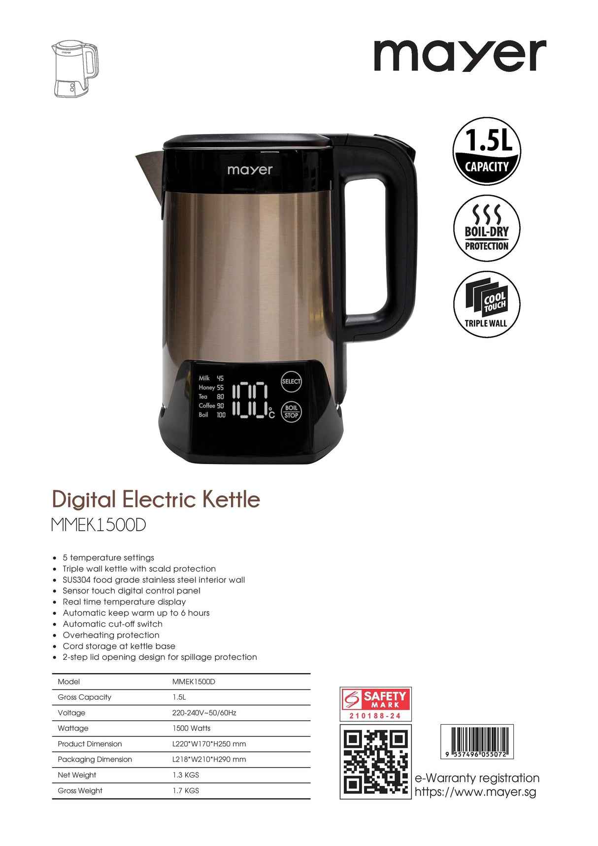 Mayer MMEK1500D Digital Triple wall Electric Kettle 1.5L