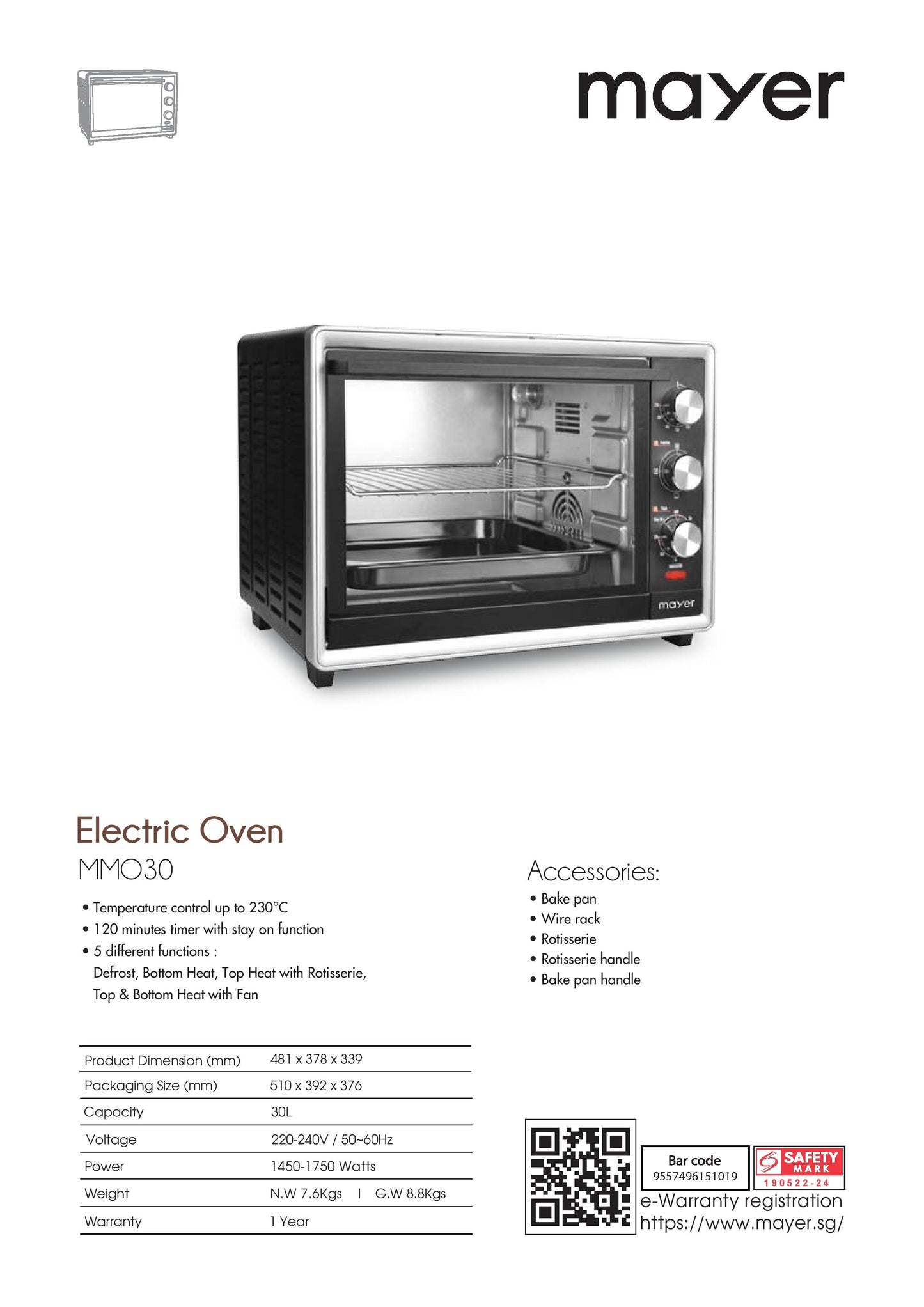 Mayer MMO30 Electric Oven 30L
