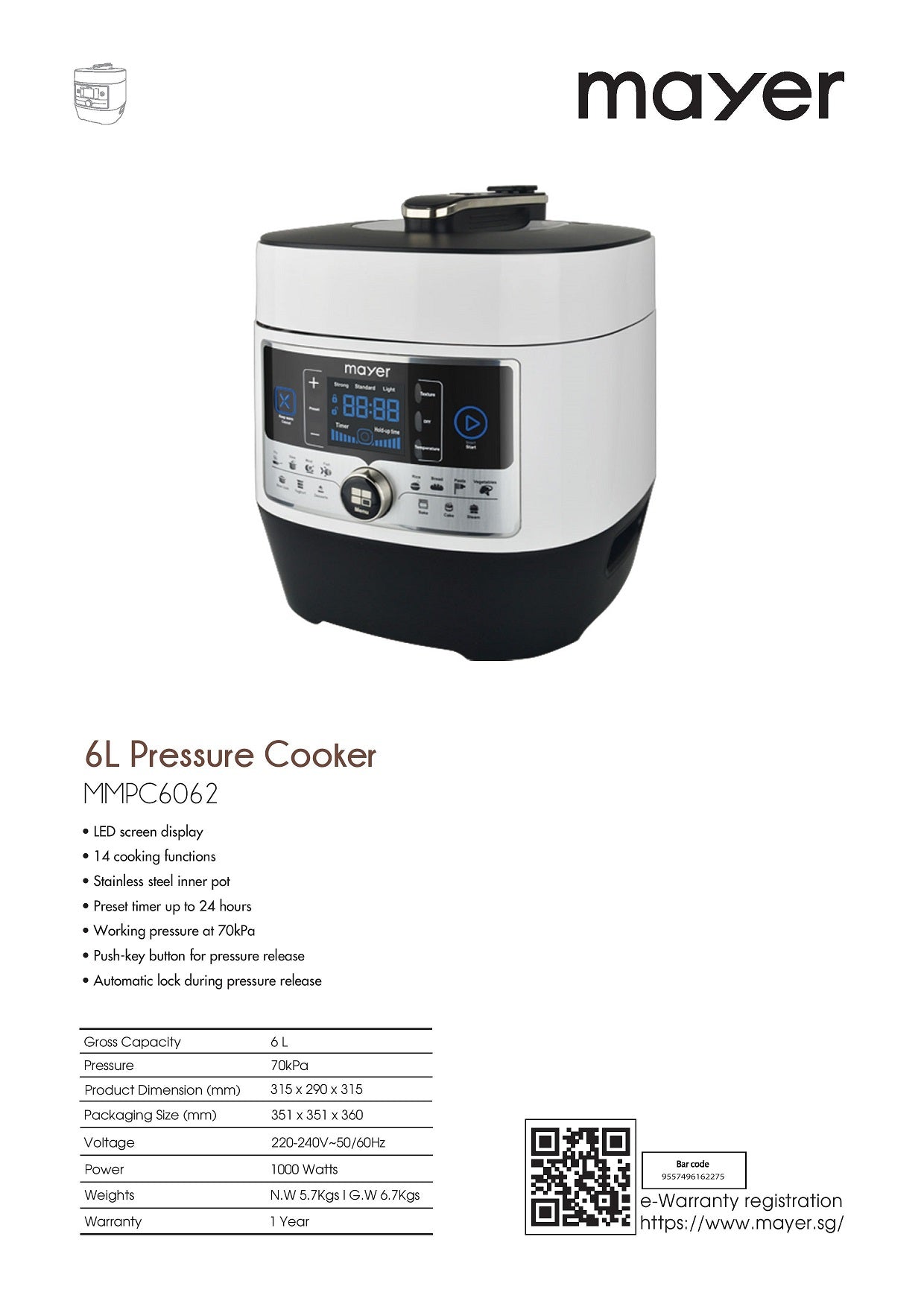 Mayer MMPC6062A 14 Cooking Function Pressure Cooker 6L
