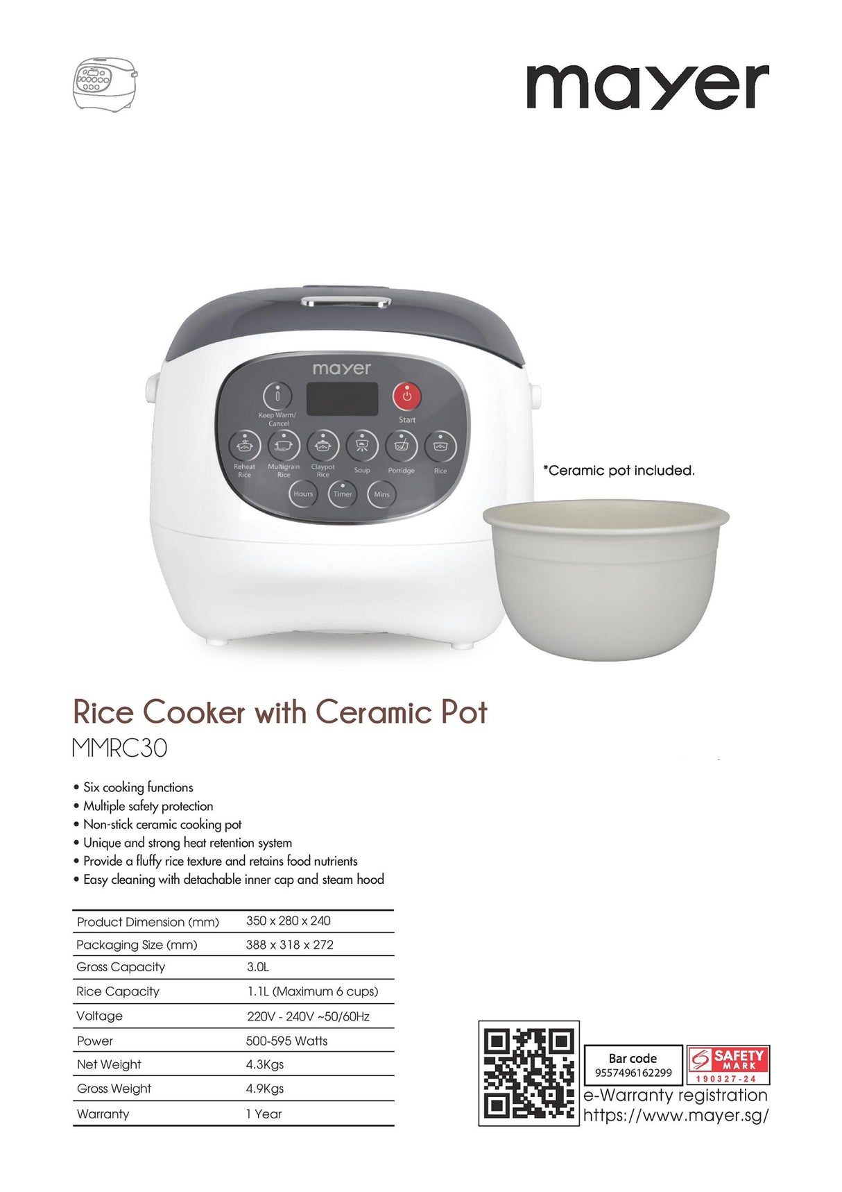 Mayer MMRC30 Rice Cooker with Ceramic Pot 1.1L