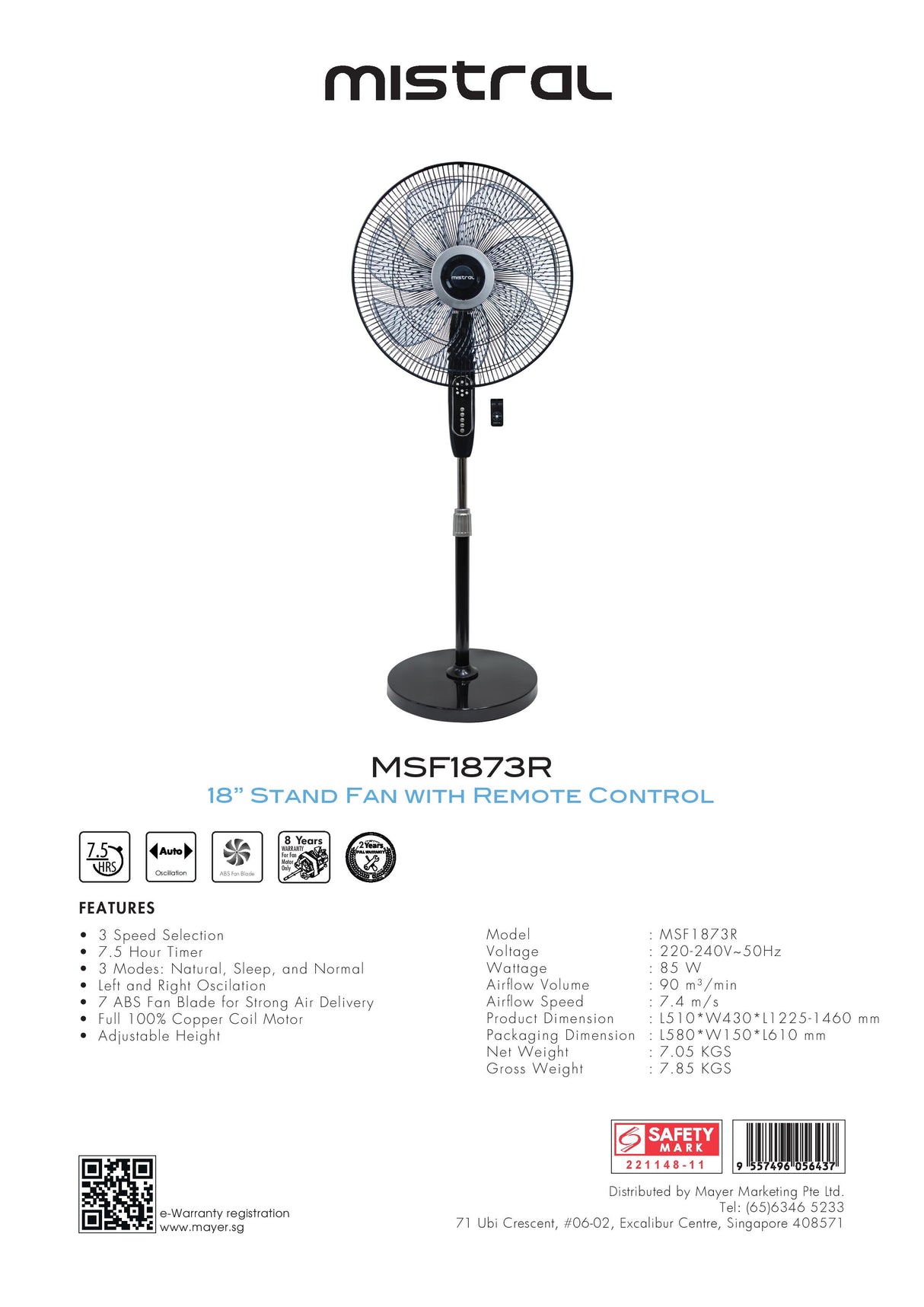 Mistral MSF1873R Stand Fan with Remote Control 18 Inch