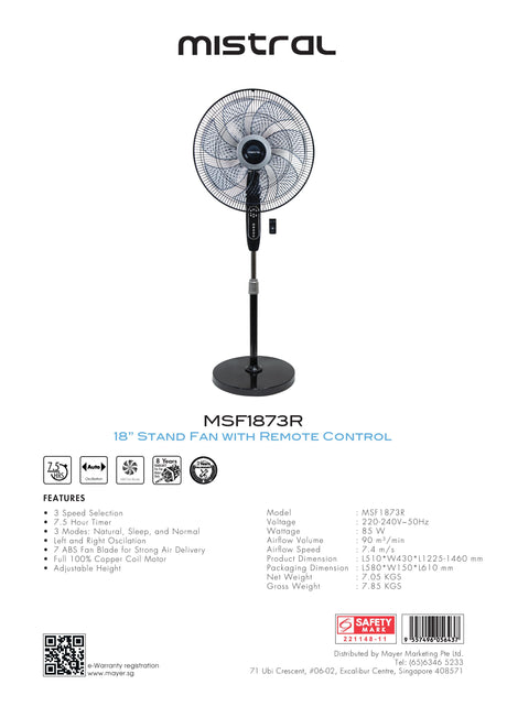 Mistral MSF1873R Stand Fan with Remote Control 18 Inch