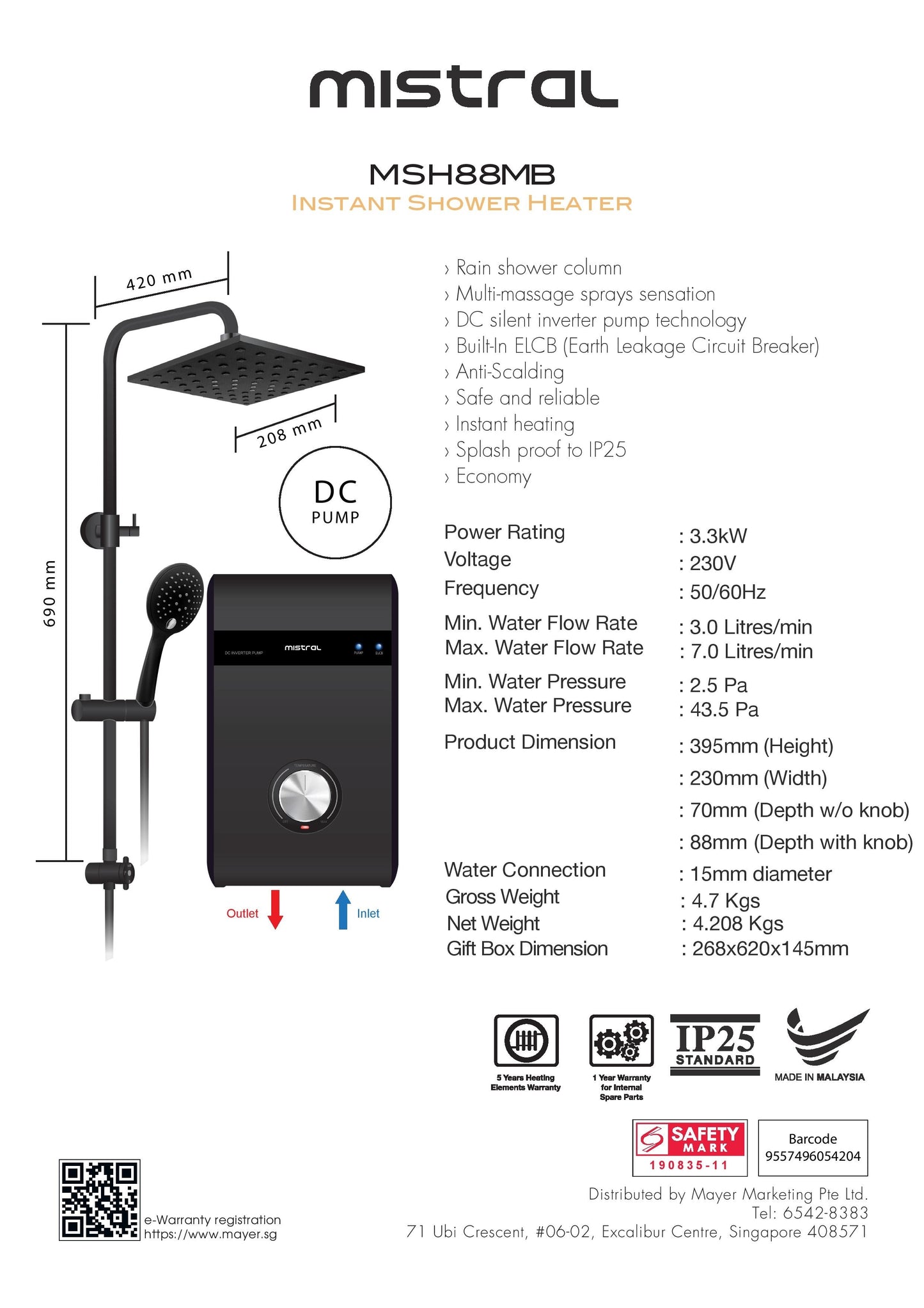 Mistral MSH88MB Instant Water Heater with DC Pump ET SOUND ENTERPRISE