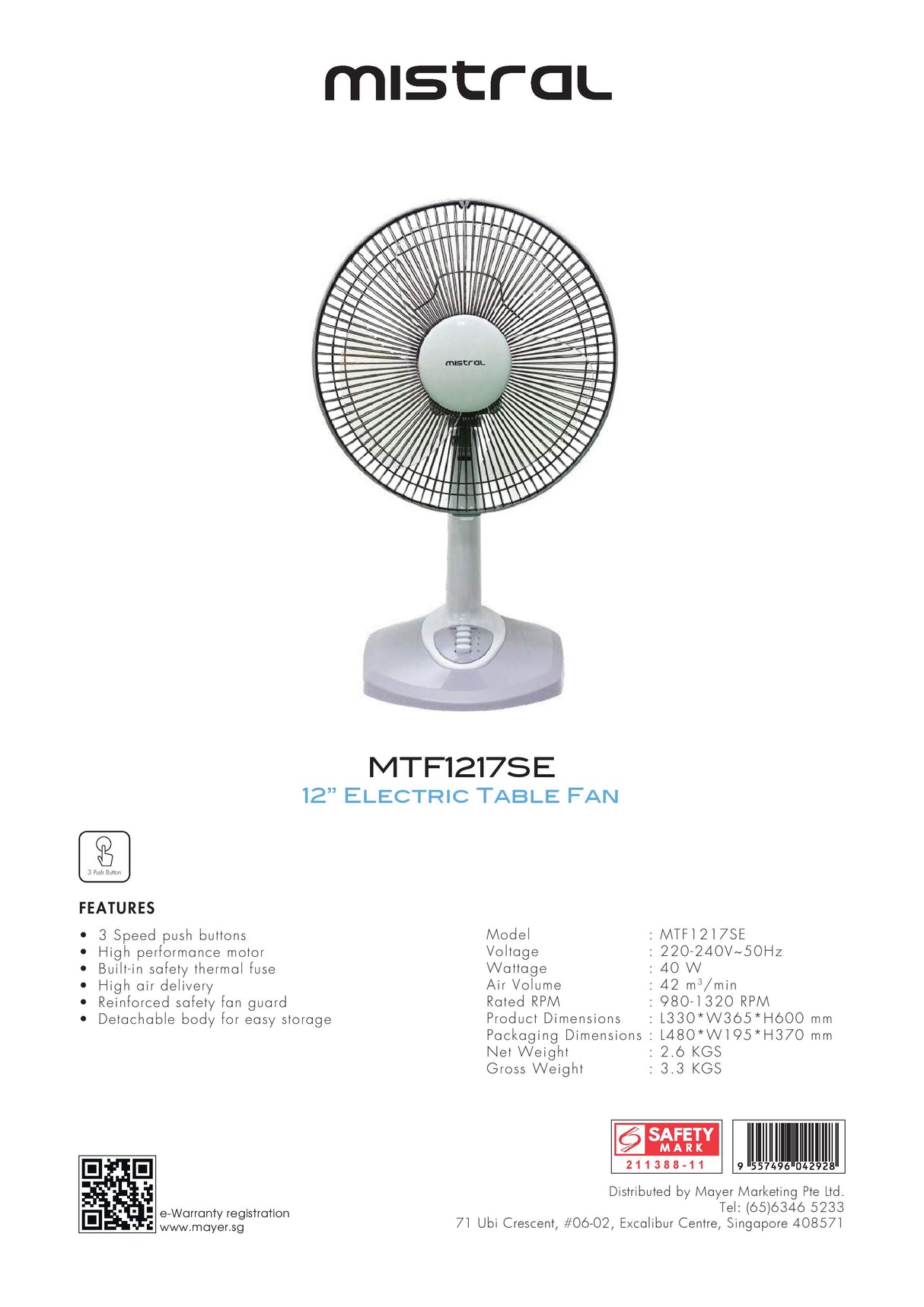 Mistral MTF1217SE Electric Table Fan 12 Inch