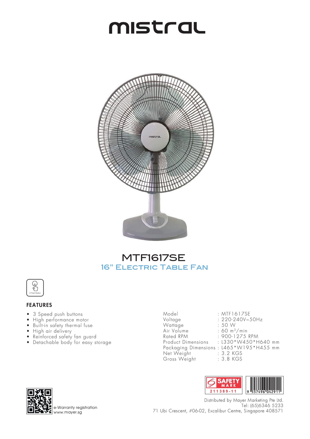 Mistral MTF1617SE Electric Table Fan 16 Inch