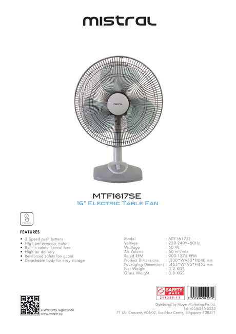 Mistral MTF1617SE Electric Table Fan 16 Inch