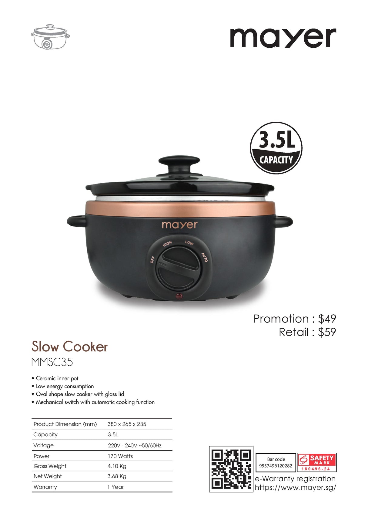 Mayer MMSC35 Slow Cooker 3.5L