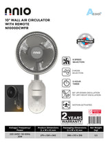 NNIO N1000DCWFR Remote DC Wall Air Circulator Fan 10 Inch