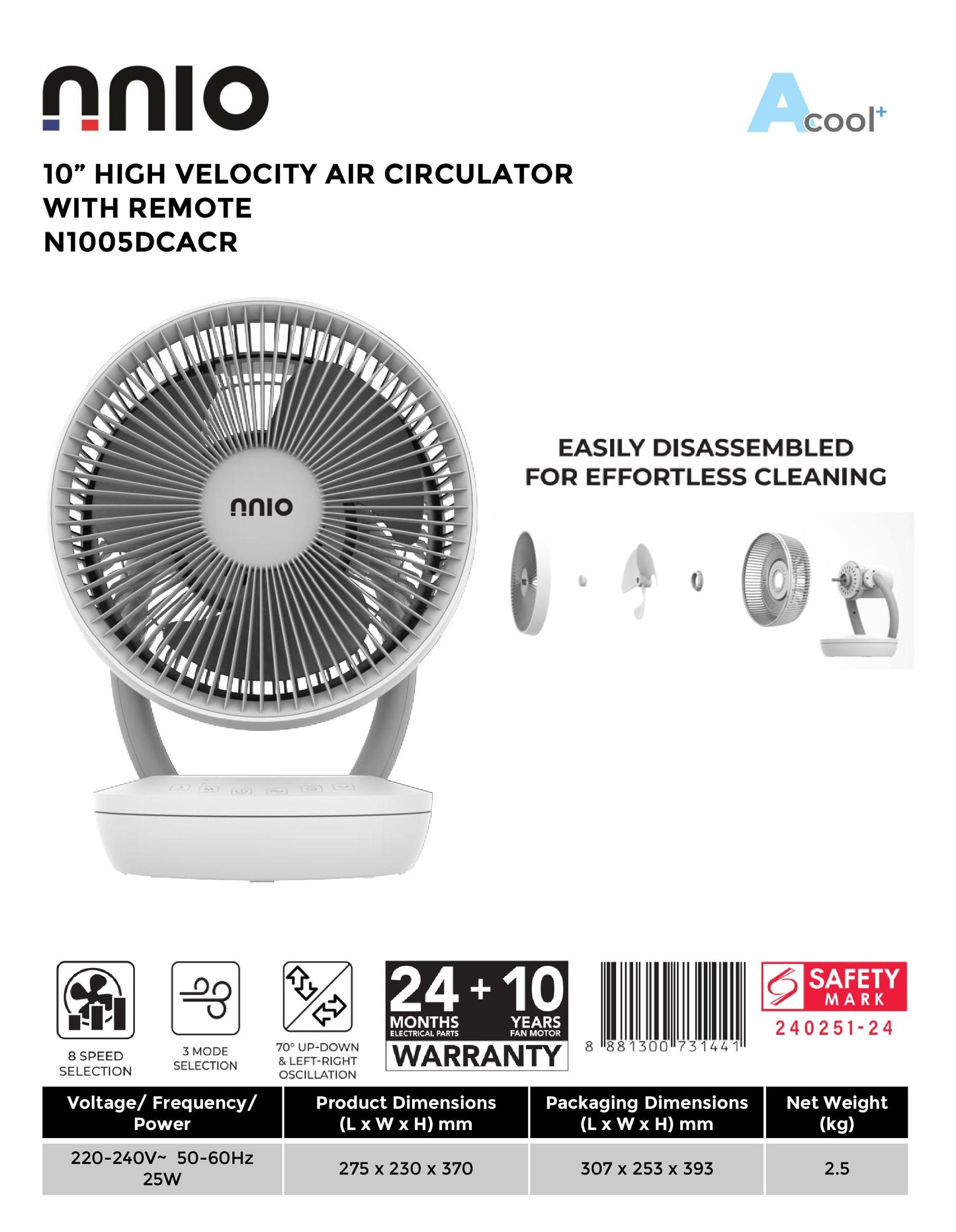NNIO N1005DCACR Remote DC High Velocity  Air Circulator Fan 10 Inch