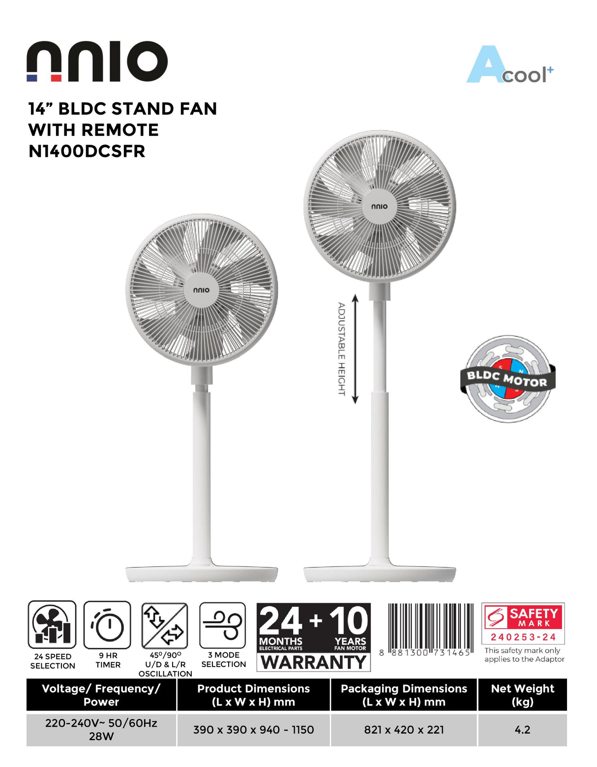 NNIO N1400DCSFR Remote BLDC Stand Fan 14 Inch