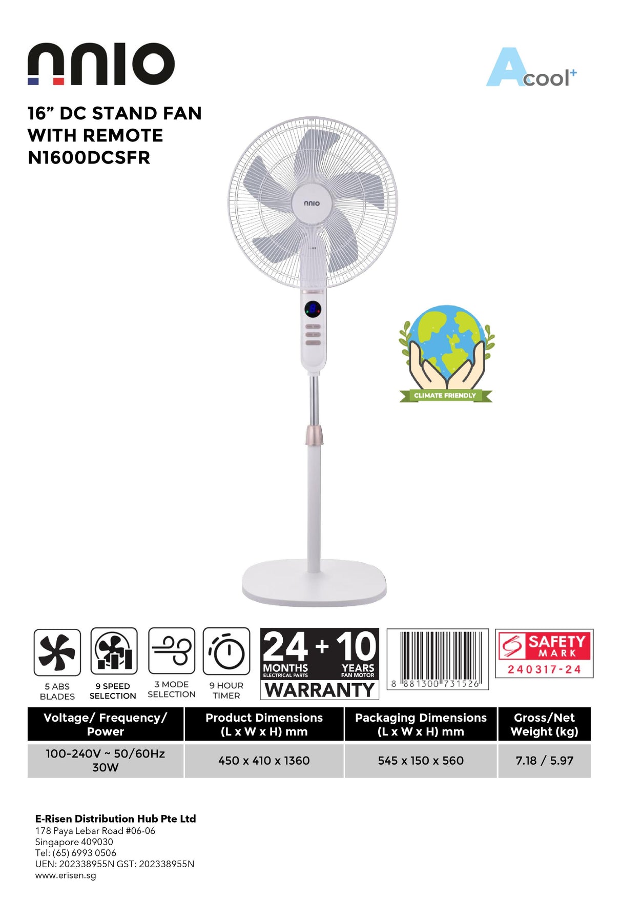 NNIO N1600DCSFR DC Stand Fan with Remote 16 Inch