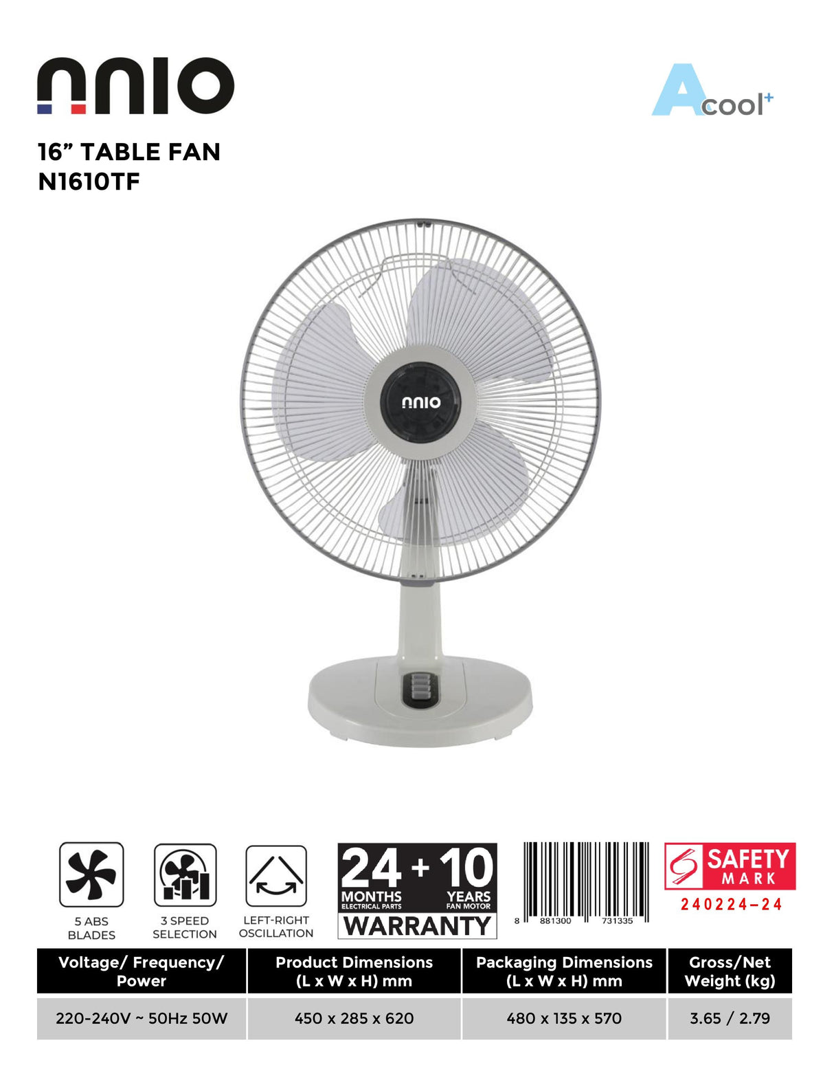 NNIO N1610TF Table Fan 16 Inch