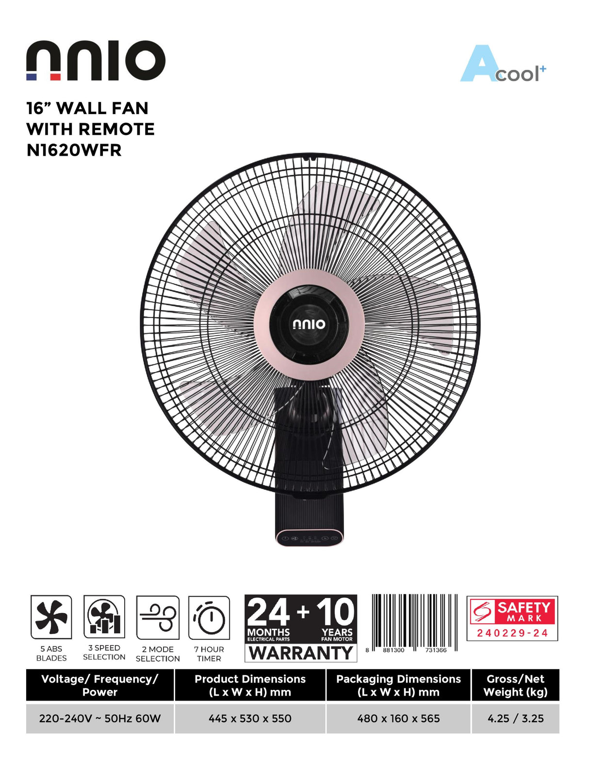 NNIO N1620WFR Remote Wall Fan 16 Inch