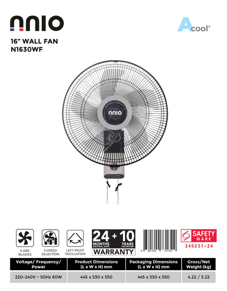 NNIO N1630WF Wall Fan 16 Inch